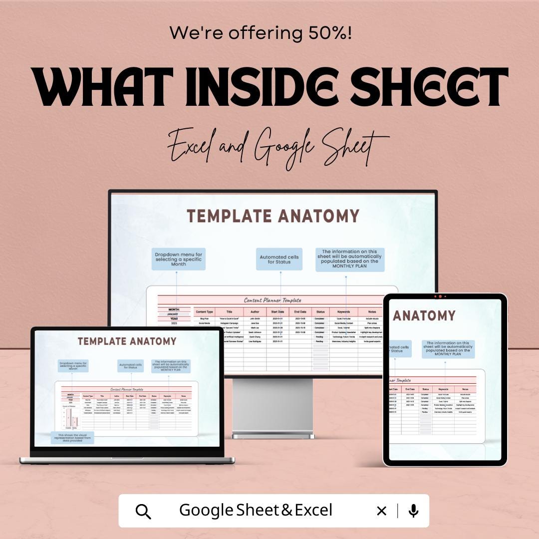 Content Planner Template | Social Media Content Calendar | Blog Planner Spreadsheet | Content Strategy Planner | Marketing Planner