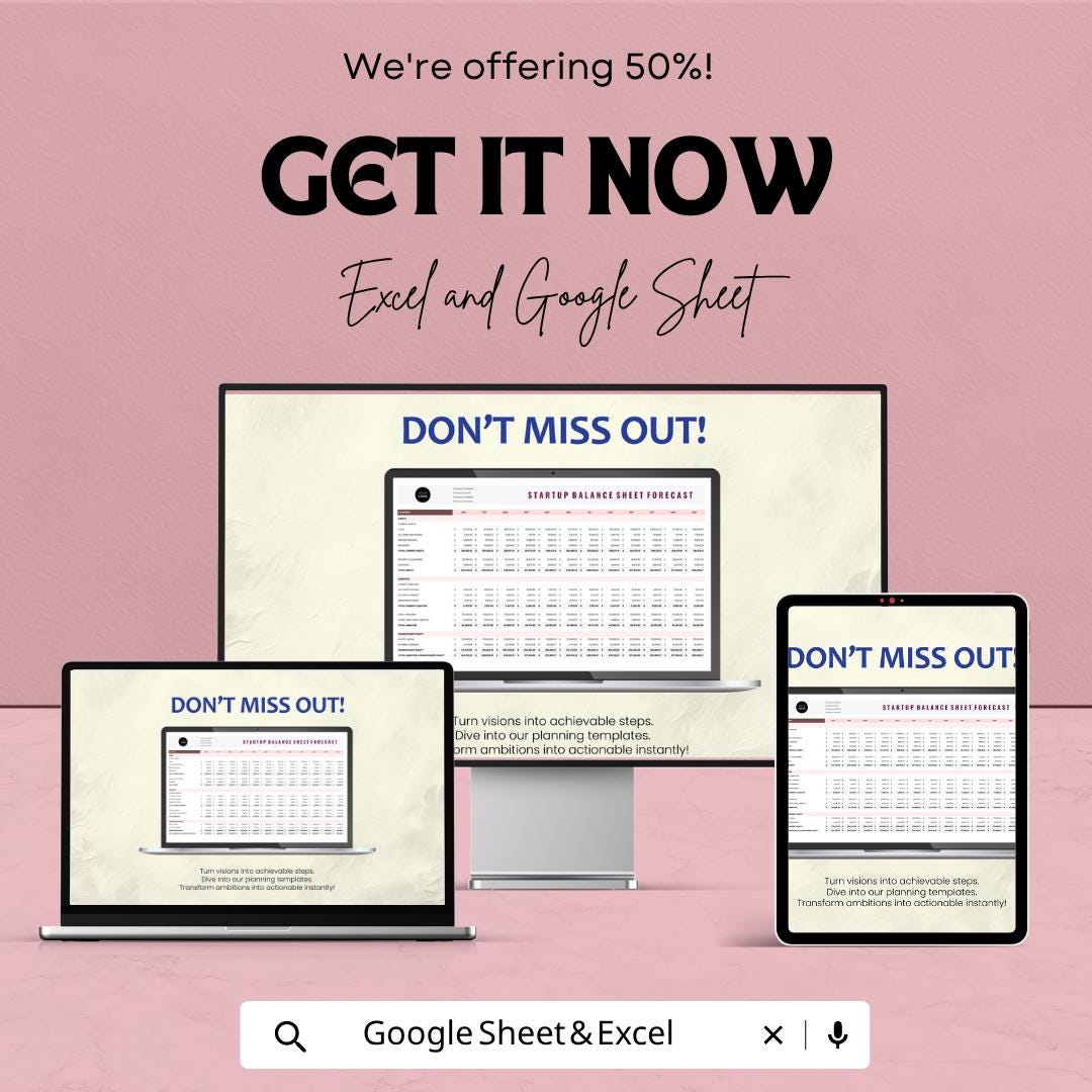 Startup Balance Sheet Forecast Template | Financial Projection Spreadsheet | Business Forecast Template | Startup Finance Template |