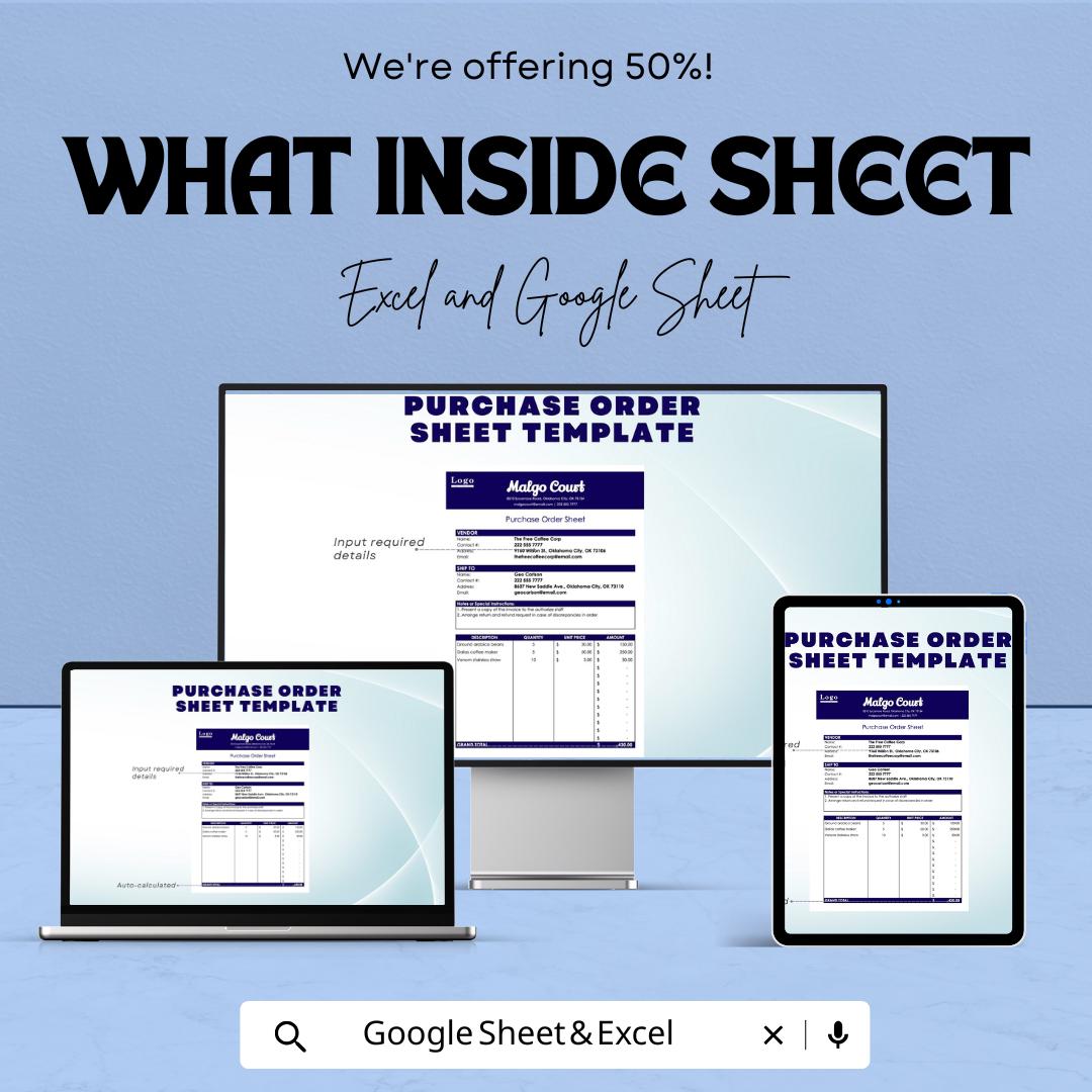 Purchase Order Sheet Template | Editable Purchase Order Form | Business Procurement Tracker | Printable Vendor Order Sheet