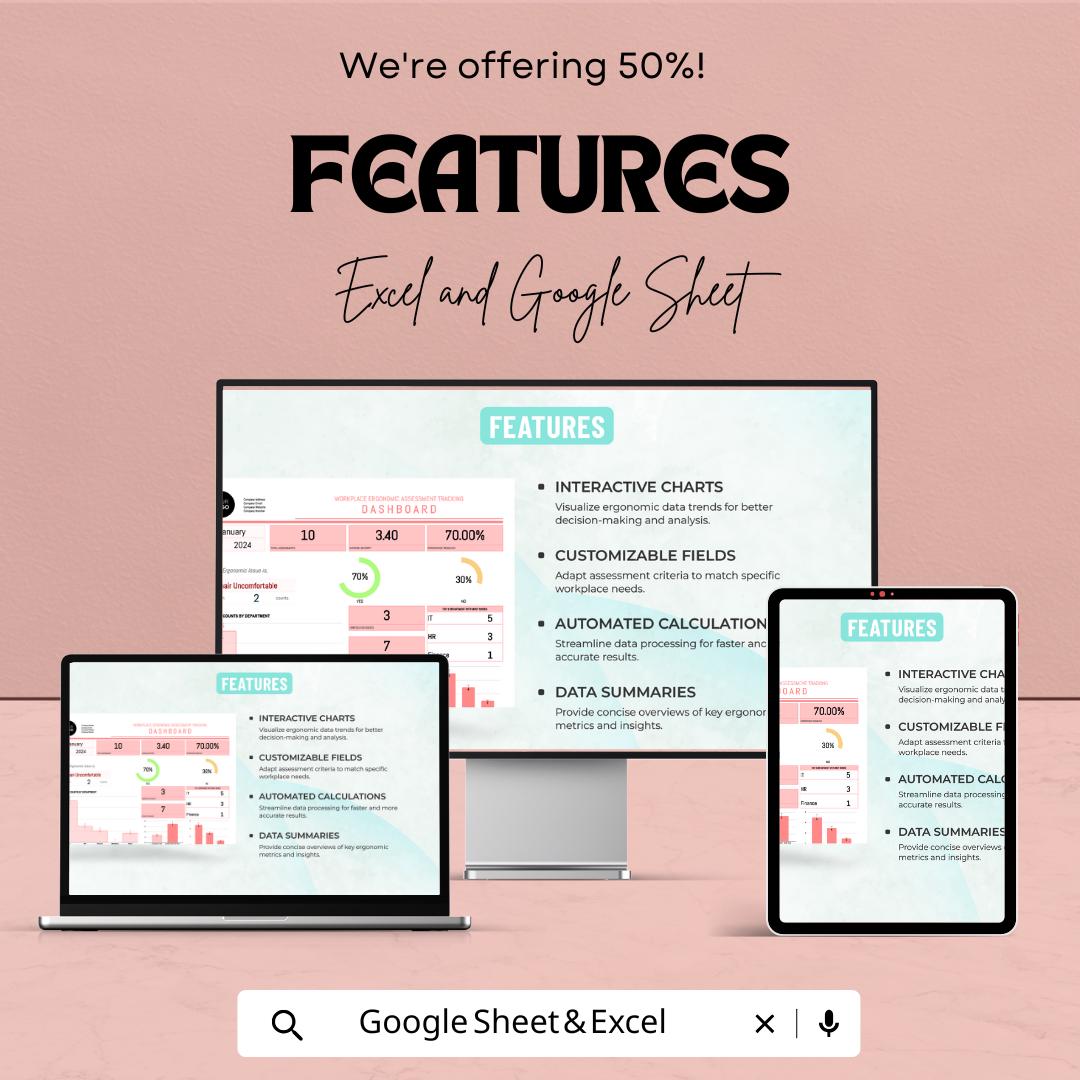 Workplace Ergonomics Assessment Tracking Dashboard | Google Sheet Template | Employee Comfort & Productivity Tracker | 50% Off!
