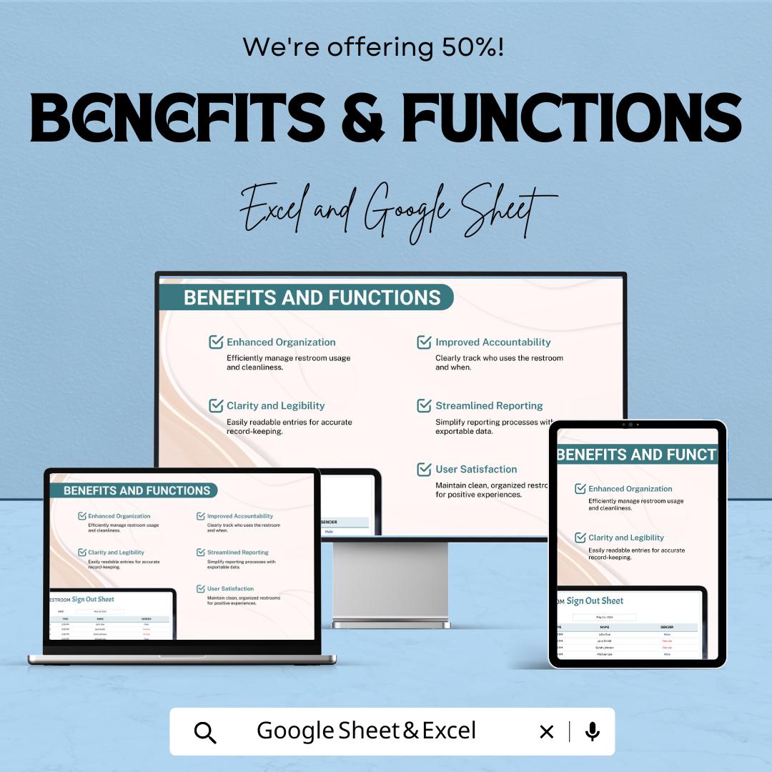 Restroom Sign Out Sheet | Excel & Google Sheets | Bathroom Log Template | Restroom Monitoring Sheet | Printable Bathroom Tracker