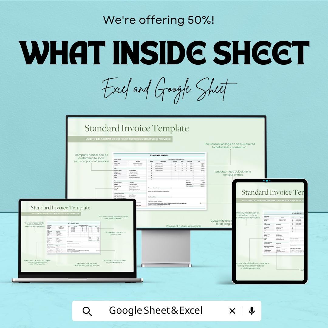 Standard Invoice Sheet - Excel & Google Sheets Template | Professional and Customizable Invoice Tracker | 50% Off