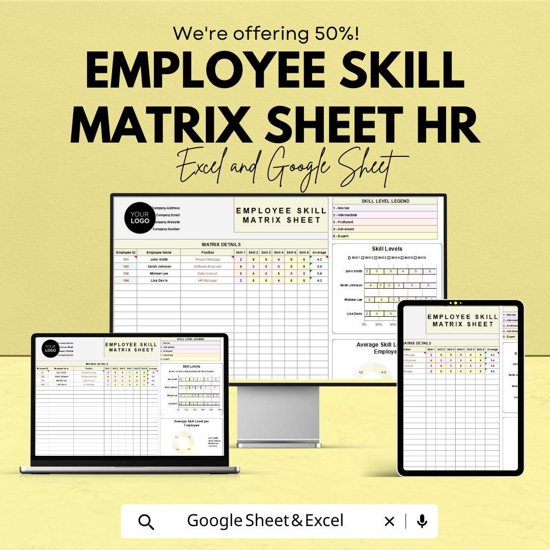 Employee Skill Matrix Sheet HR Template - Excel & Google Sheets, Track Employee Skills, Competency Mapping, Training Needs Analysis