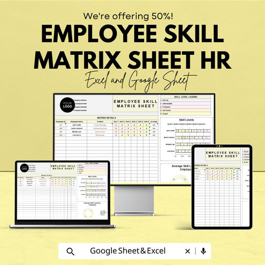 Employee Skill Matrix Sheet HR Template - Excel & Google Sheets, Track Employee Skills, Competency Mapping, Training Needs Analysis