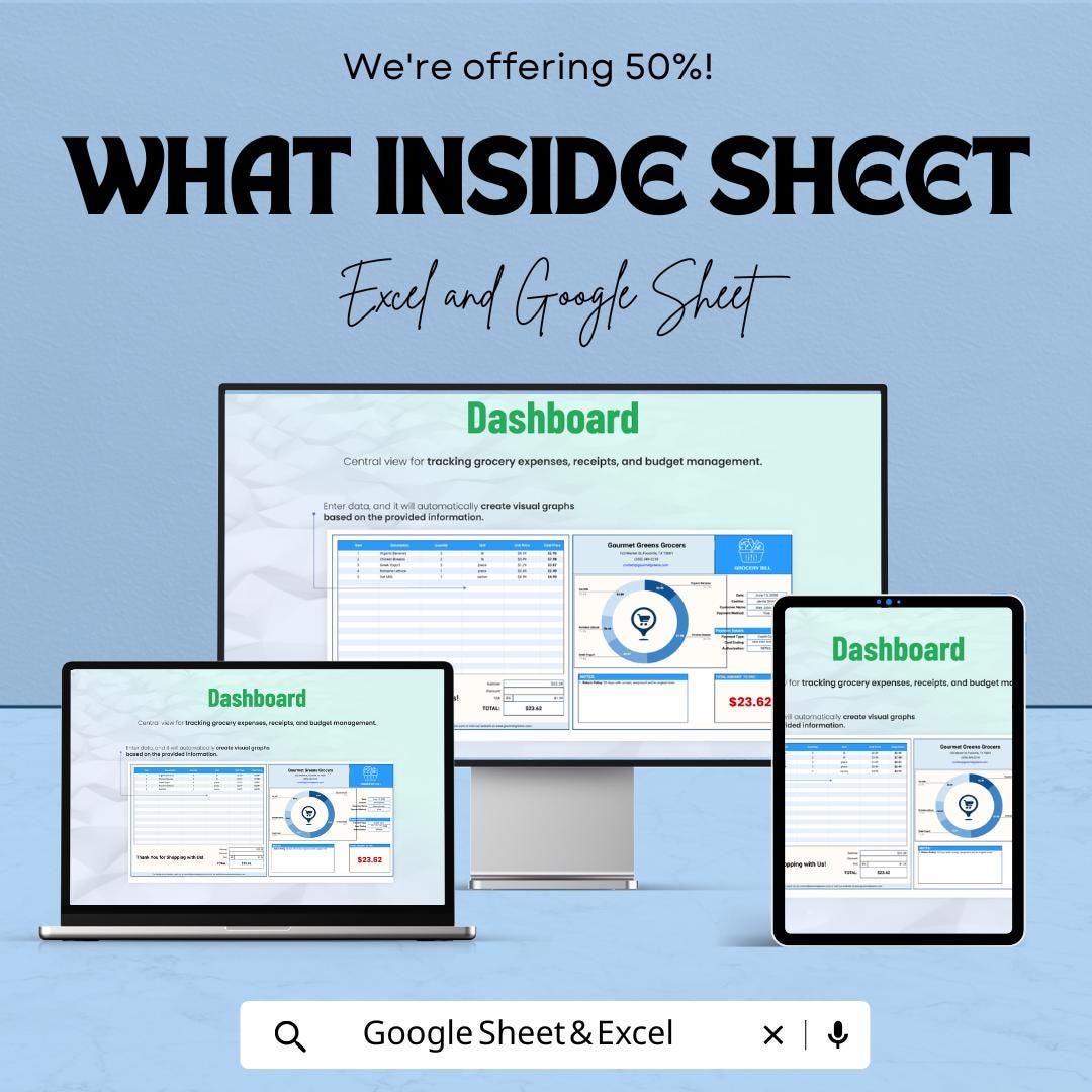 Grocery Bill Sheet Template - Excel and Google Sheets for Budgeting and Expenses | Customizable Grocery Shopping List & Tracking Tool