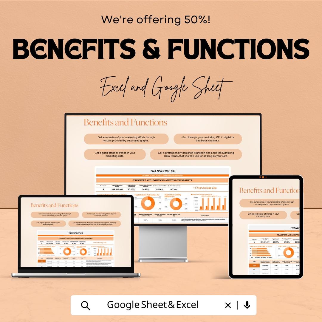 Transport and Logistics Marketing Trends Data Template | KPI Analytics Spreadsheet | Business Reporting Template