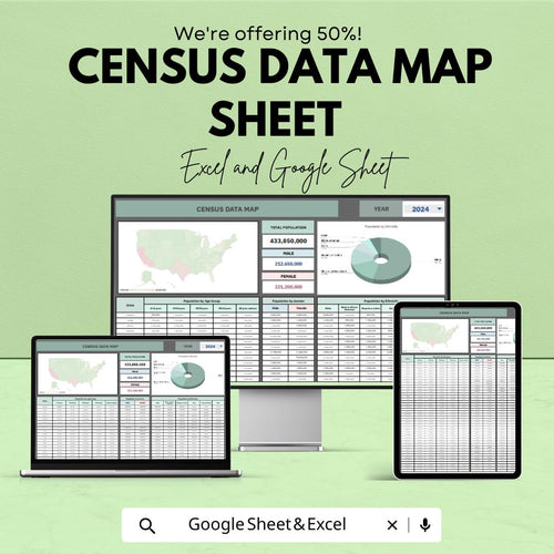 Census Data Map Sheet – US Population and Demographics Data in Excel & Google Sheets, Interactive Map Template, Easy-to-Use