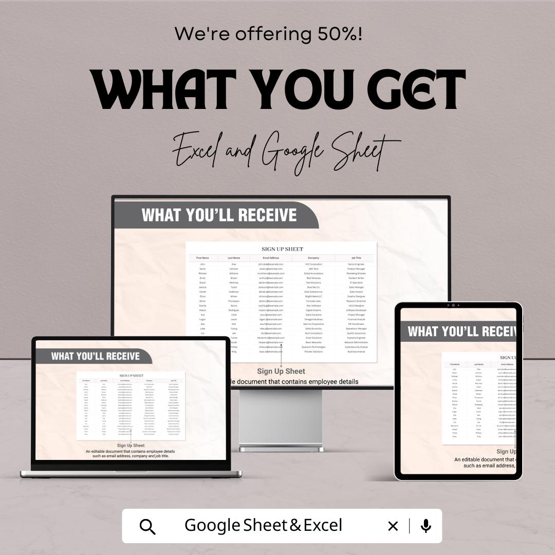 Sign In Worksheet Template | Employee Attendance Tracker | Event Sign In Sheet | Business Registration Form | Printable Log Sheet