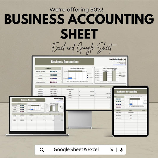 Business Accounting Spreadsheet - Excel & Google Sheet - Track Income, Expenses, and Profit - 50% Off