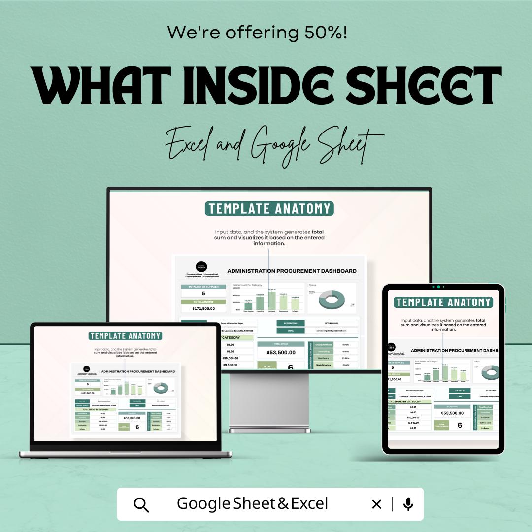 Administration Procurement Dashboard Sheet | Excel and Google Sheets | Track Procurement Performance & Supplier Activities