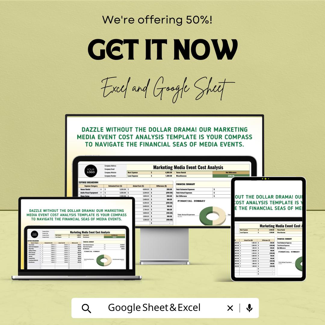 Marketing Media Event Cost Analysis Template | Excel & Google Sheets Budget Planner | Event Expense Tracker | Financial Summary Dashboard