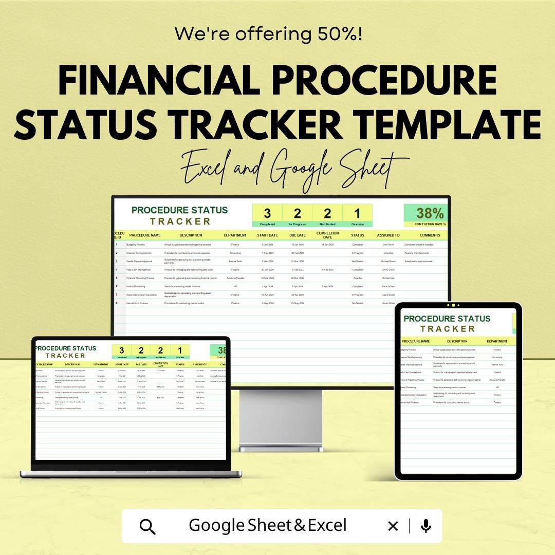 Financial Procedure Status Tracker Template | Excel & Google Sheets | Workflow Tracker, Compliance Status Log, Finance Process Monitor