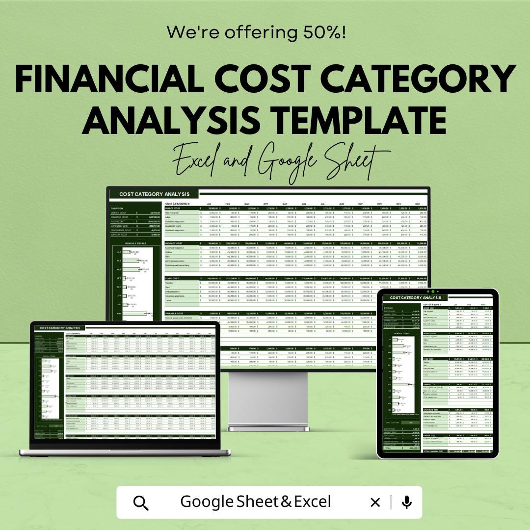 Financial Cost Category Analysis Template | Cost Analysis Excel & Google Sheets Template | Business Budget and Expense Management Tool