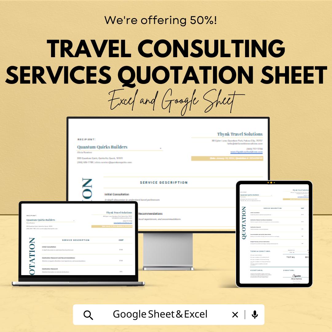 Travel Consulting Services Quotation Sheet | Excel & Google Sheets Template | Customizable Service Quote | 50% Of