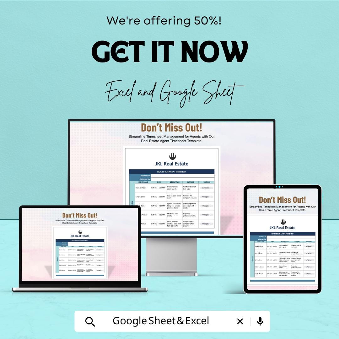 Real Estate Agent Timesheet - Excel & Google Sheets | Track Work Hours, Appointments, and Tasks | Customizable Template