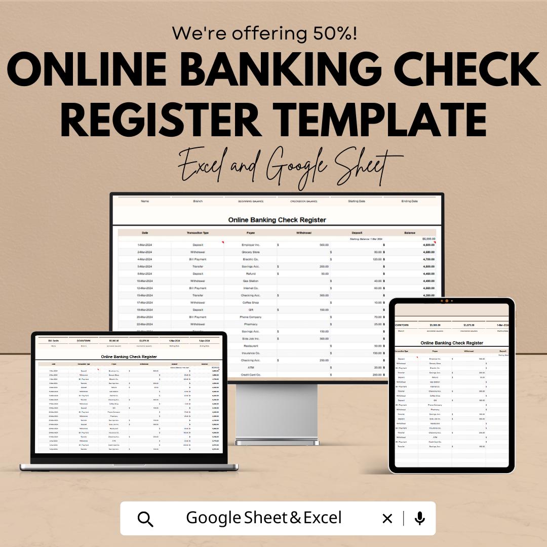 Online Banking Check Register Template | Digital Checkbook Register | Transaction Tracker | Expense Log