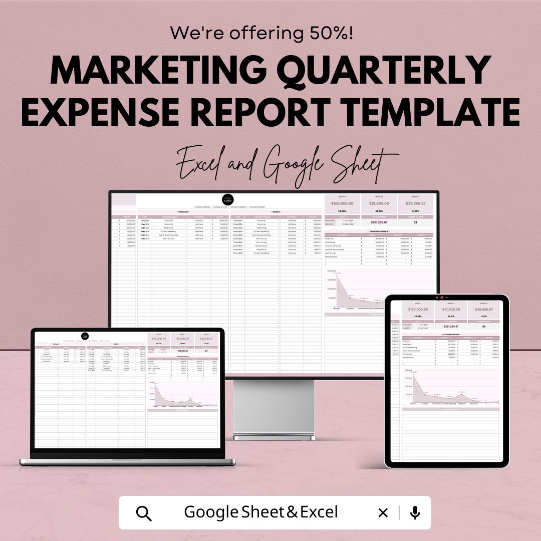 Marketing Quarterly Expense Report Template, Marketing Budget Tracker, Excel & Google Sheets Expense Dashboard, Quarterly Finance Report