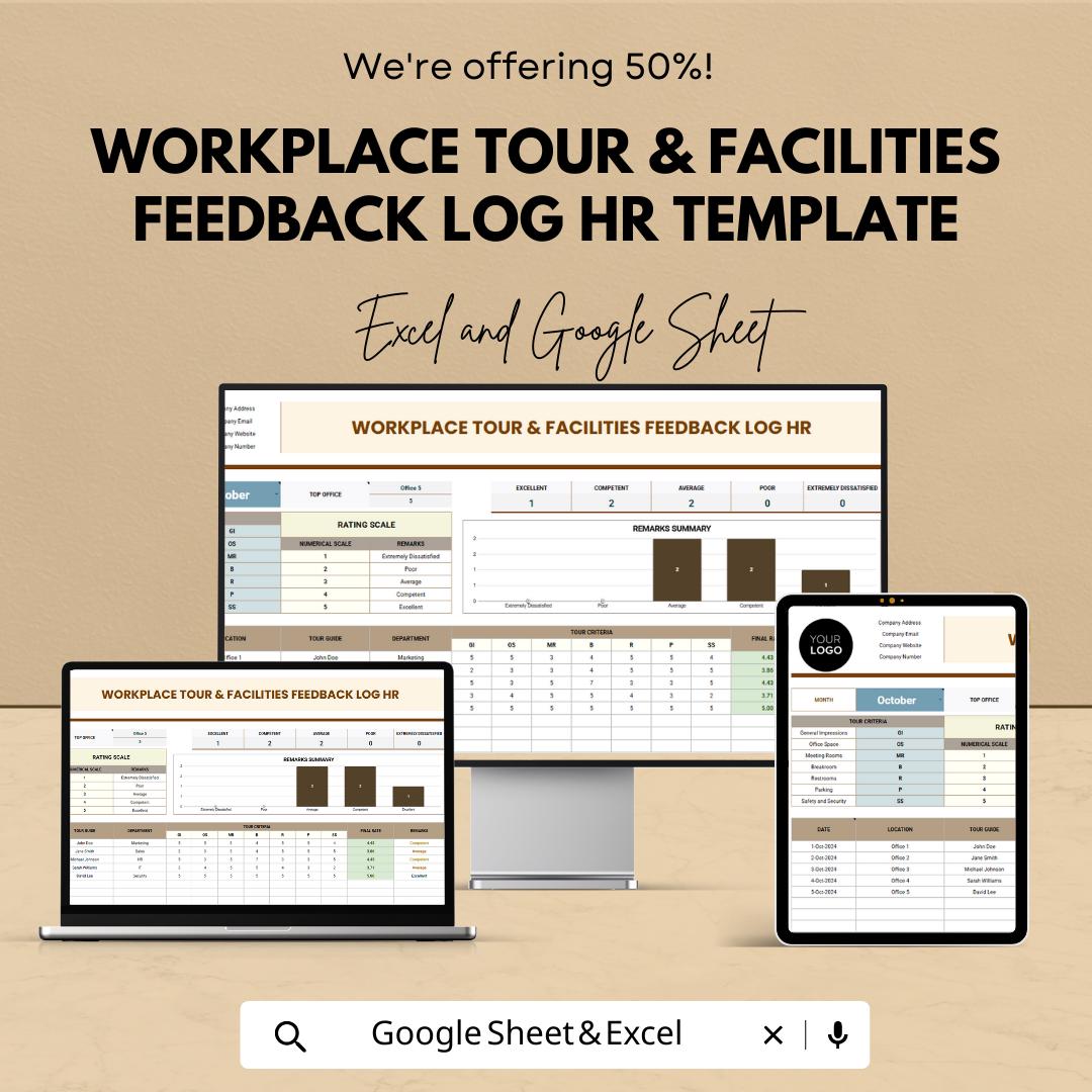 Workplace Tour Feedback Log, HR Feedback Template, Facilities Feedback Tracker, Employee Survey Sheet