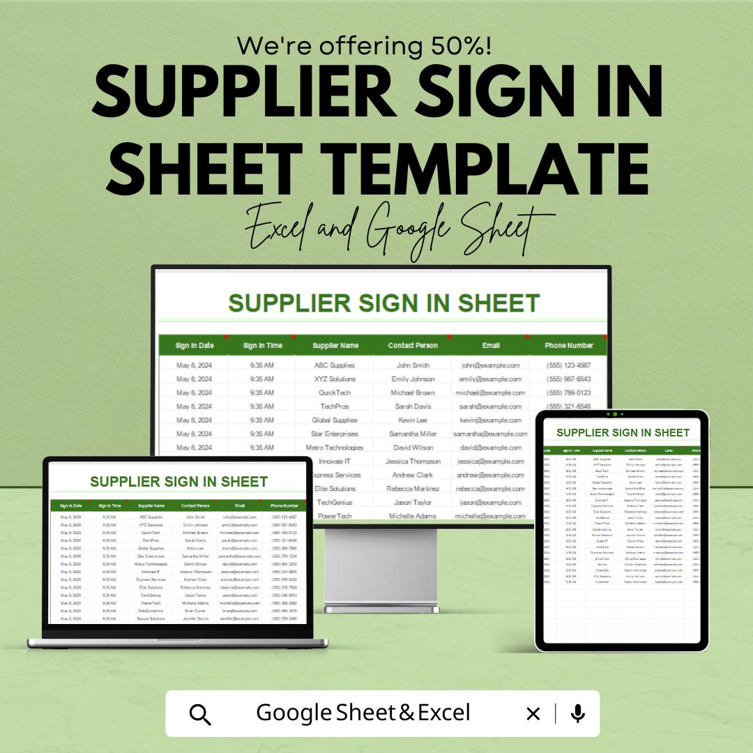 Supplier Sign In Sheet Template | Vendor Log Sheet | Excel and Google Sheets | Supplier Attendance Register | Business Tracking Template