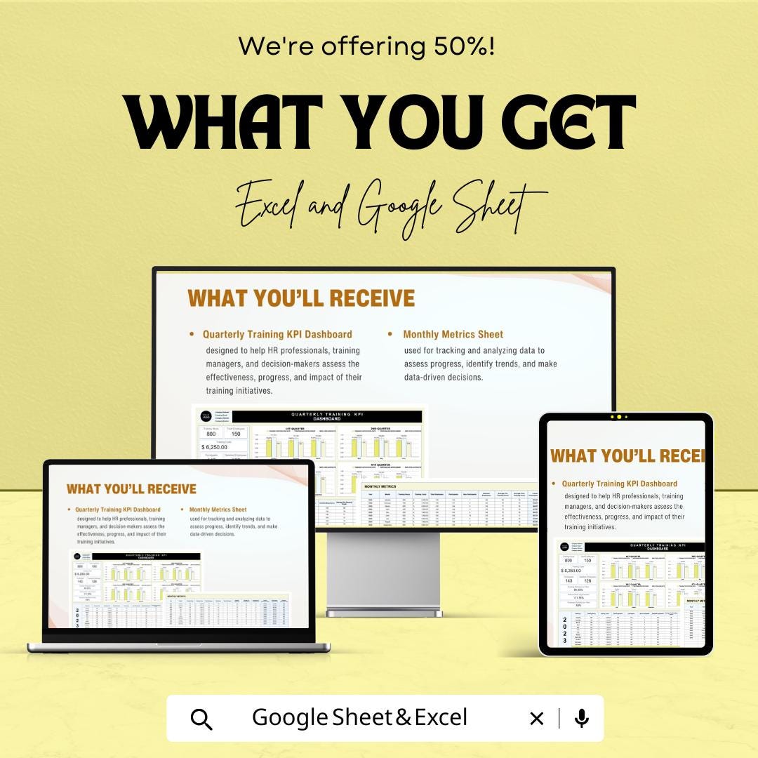 Quarterly Training KPI Dashboard HR | Excel & Google Sheet | Employee Performance Tracker | HR Metrics | Instant Download