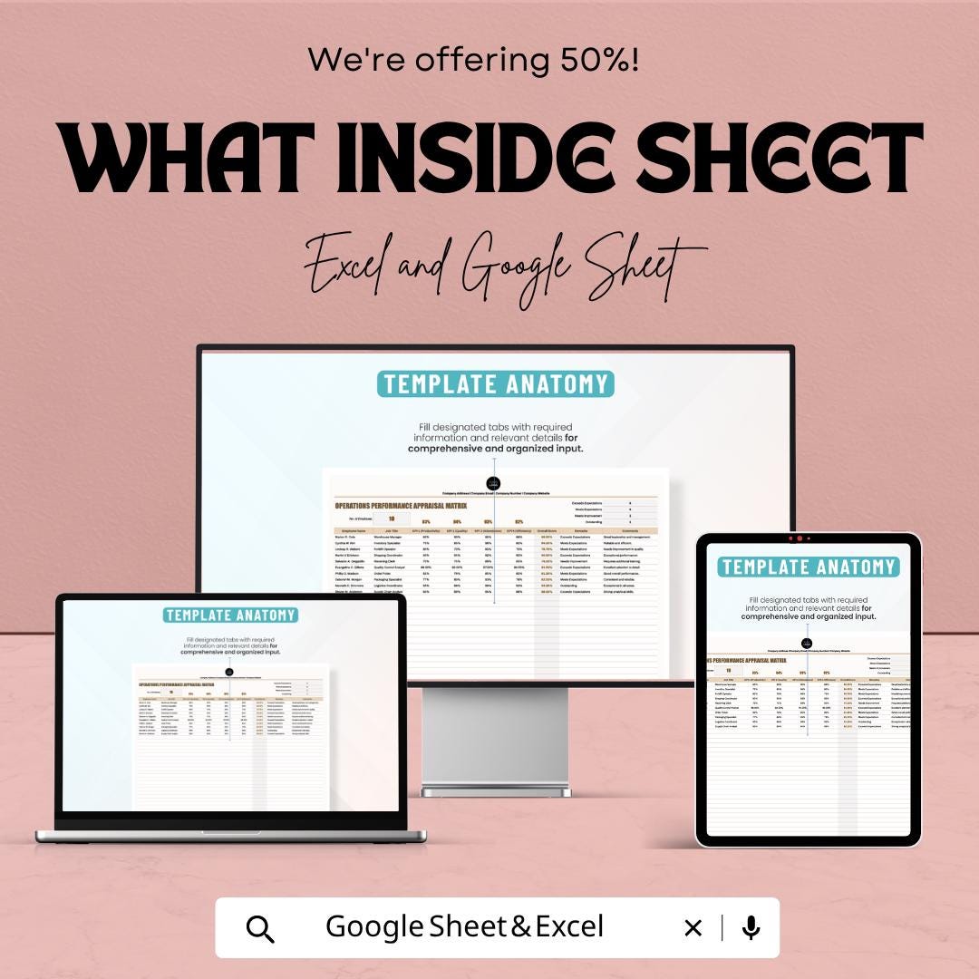 Operations Performance Appraisal Template | Employee Evaluation Matrix | KPI Performance Review Tracker | Excel & Google Sheets |
