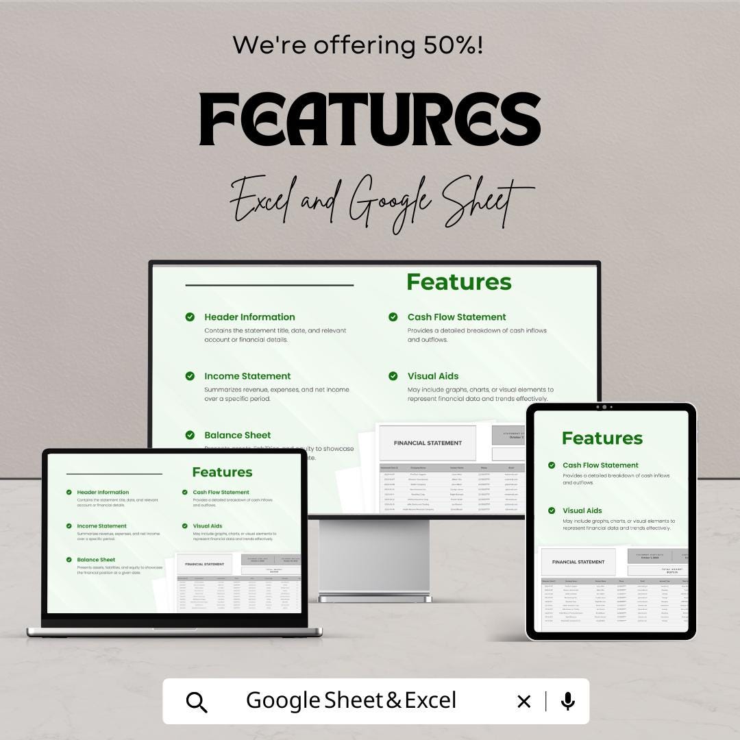 Financial Statement Template | Balance Sheet | Income Statement | Cash Flow Tracker | Finance Spreadsheet | Business Accounting Template