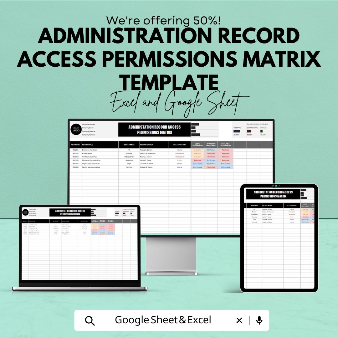 Administration Record Access Permissions Matrix Template | Access Control Spreadsheet | User Role Matrix | Compliance Tracker