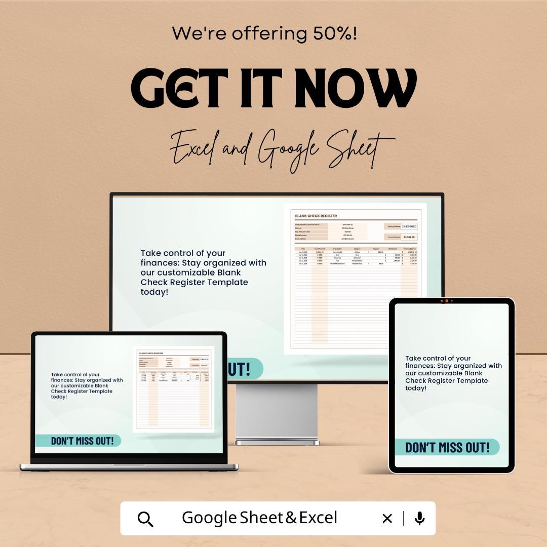 Blank Check Register Template | Checkbook Register Spreadsheet | Personal Finance Tracker Template | Excel & Google Sheets |