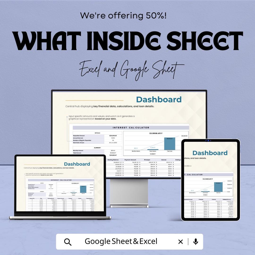 Interest Calculator Sheet | Excel and Google Sheet Template for Financial Loan & Investment Calculations | 50% Off Now