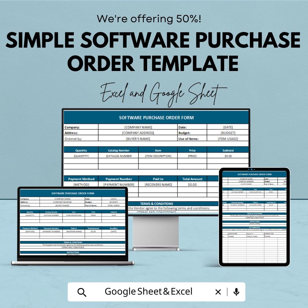 Simple Software Purchase Order Template | Editable Business Order Form | Digital Procurement Tracker | Automatic Calculation Sheet