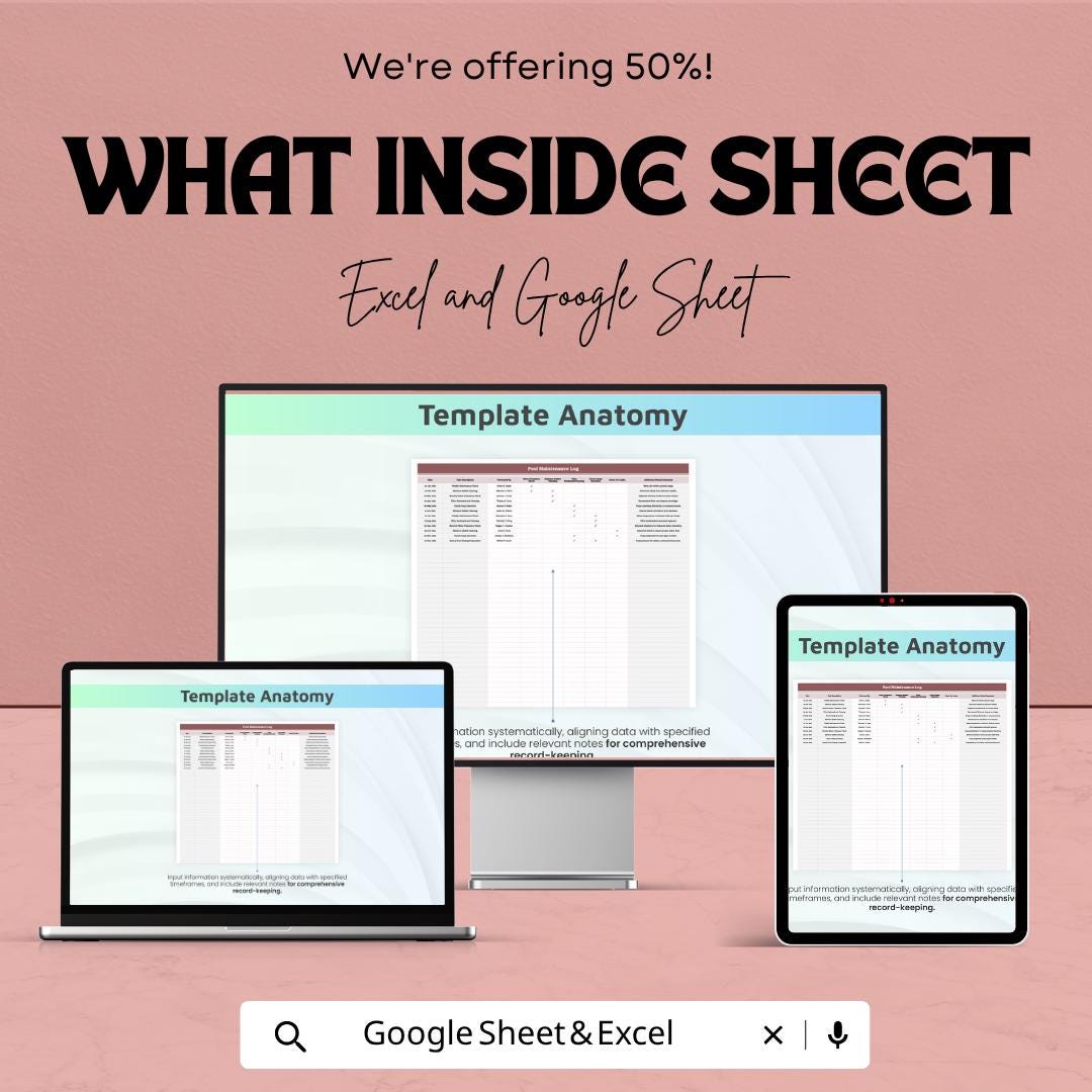 Pool Maintenance Log Template | Pool Cleaning Checklist Spreadsheet | Water Quality Tracker | Excel & Google Sheets | Pool Service Record