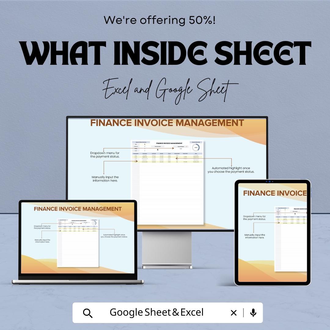 Finance Invoice Management Template | Invoice Tracker Spreadsheet | Payment Status Log | Automated Calculations | Business Finance Template
