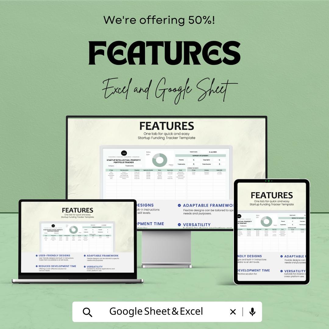 Startup Intellectual Property Portfolio Tracker Template | Excel & Google Sheets | Patent Trademark Copyright IP Tracker