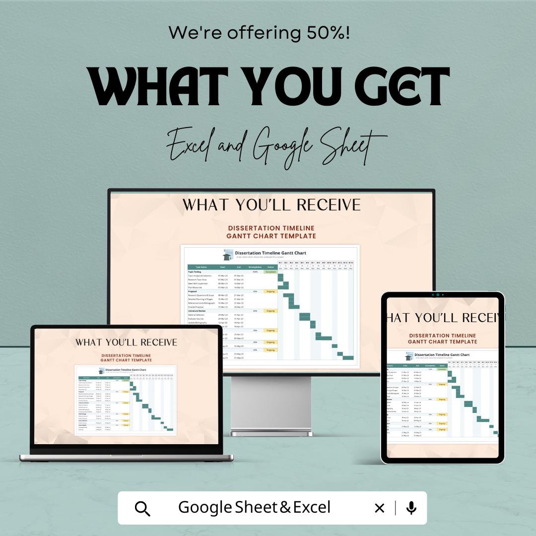 Dissertation Timeline Gantt Chart | Research & Writing Schedule Tracker | Google Sheets and Excel