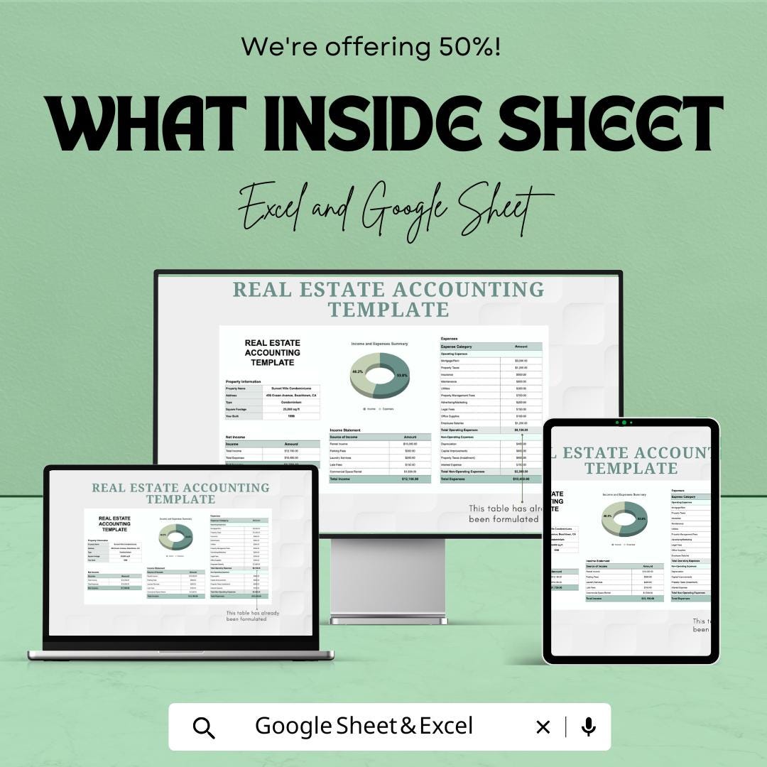 Real Estate Accounting Template | Property Management Finance Tracker | Excel and Google Sheets | Rental Income & Expense Spreadsheet