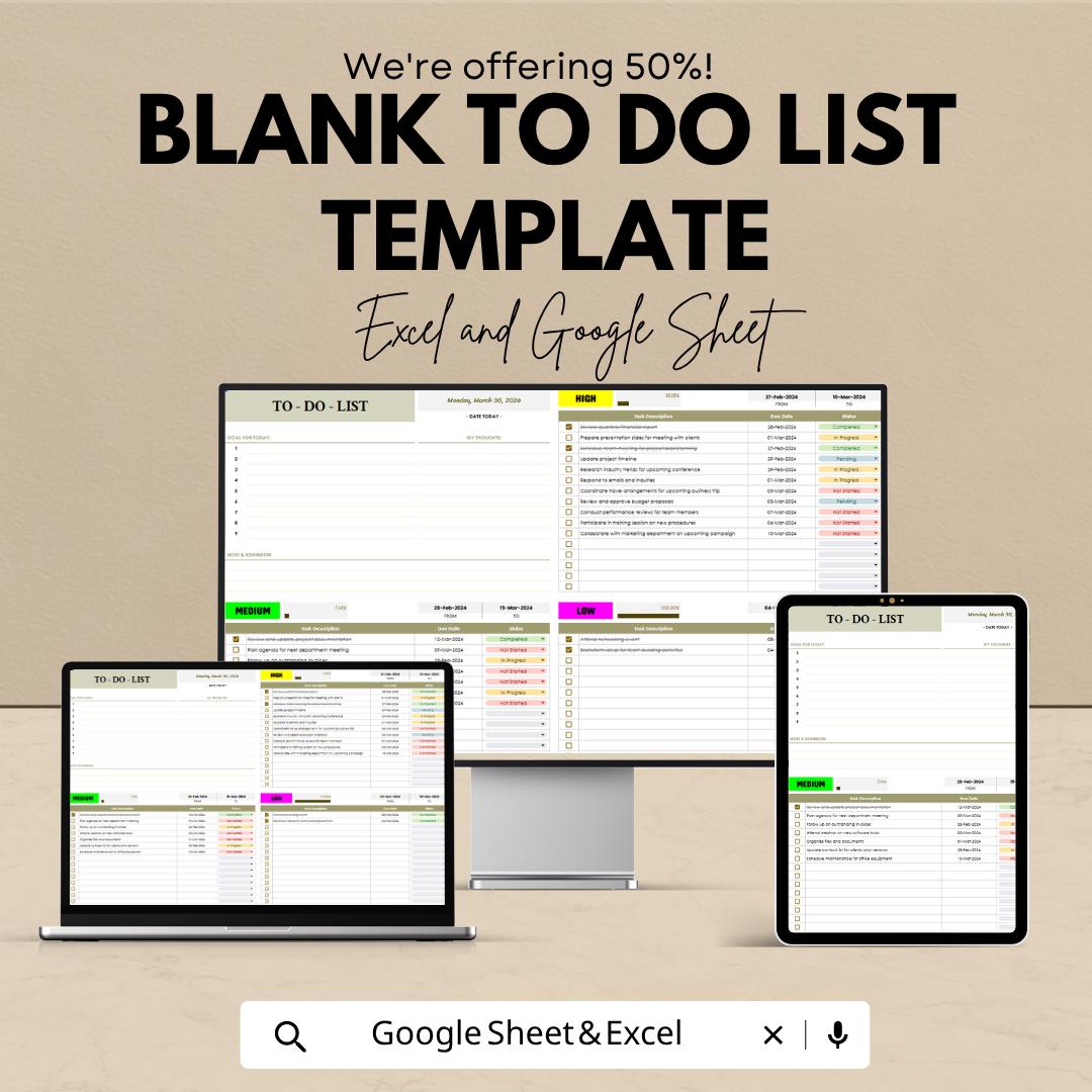 Blank To Do List Template Excel | Daily Task Planner Google Sheets | Simple Productivity Tracker | Editable Checklist | Minimal Task Manager