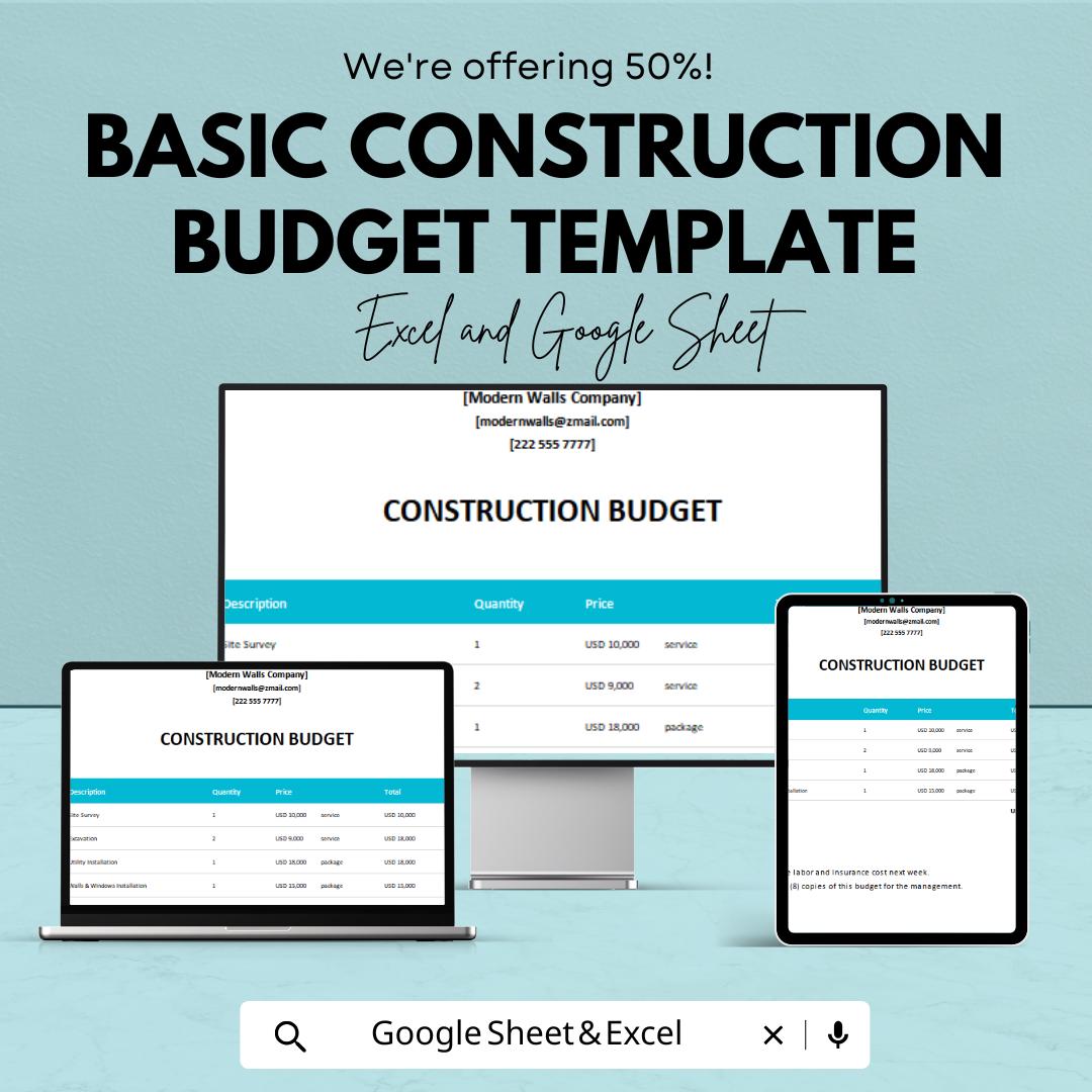 Basic Construction Budget Template | Project Cost Tracker | Building Expense Planner | Contractor Budget Spreadsheet