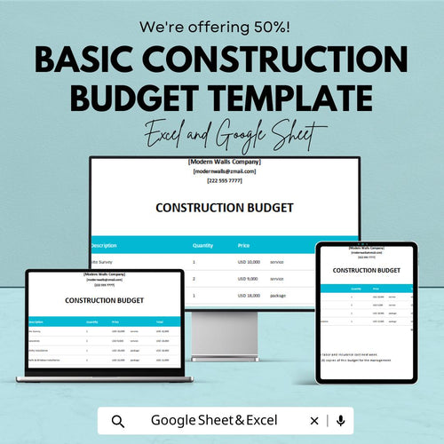 Basic Construction Budget Template | Project Cost Tracker | Building Expense Planner | Contractor Budget Spreadsheet