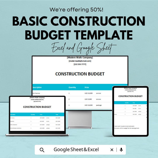 Basic Construction Budget Template | Project Cost Tracker | Building Expense Planner | Contractor Budget Spreadsheet