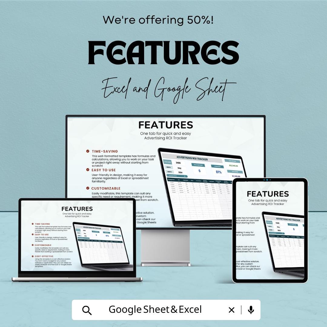 Advertising ROI Tracker Template | Ad Performance Tracker | Marketing ROI Spreadsheet | Excel & Google Sheets ROI Calculator |