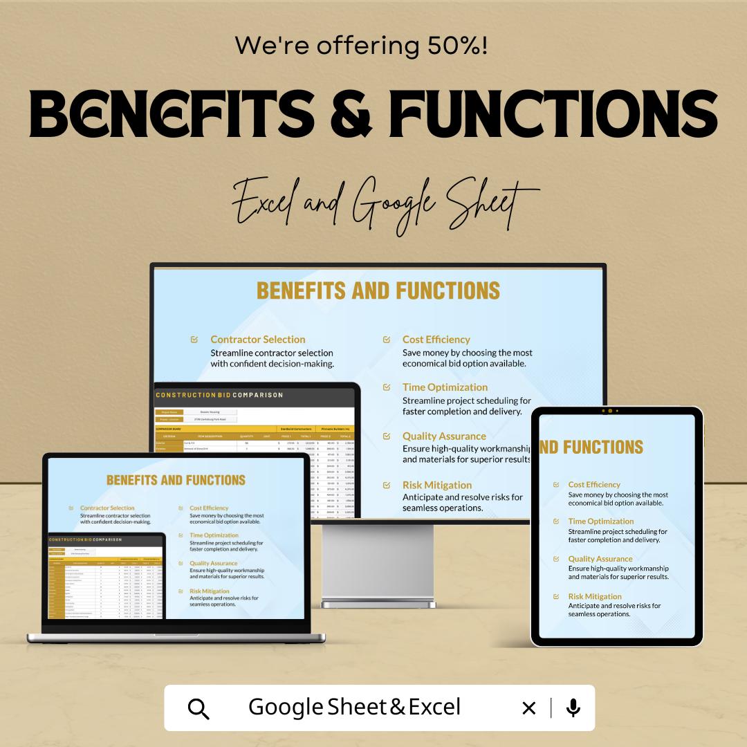 Construction Bid Comparison Template | Contractor Estimate Sheet | Project Cost Analysis | Construction Budget Tool