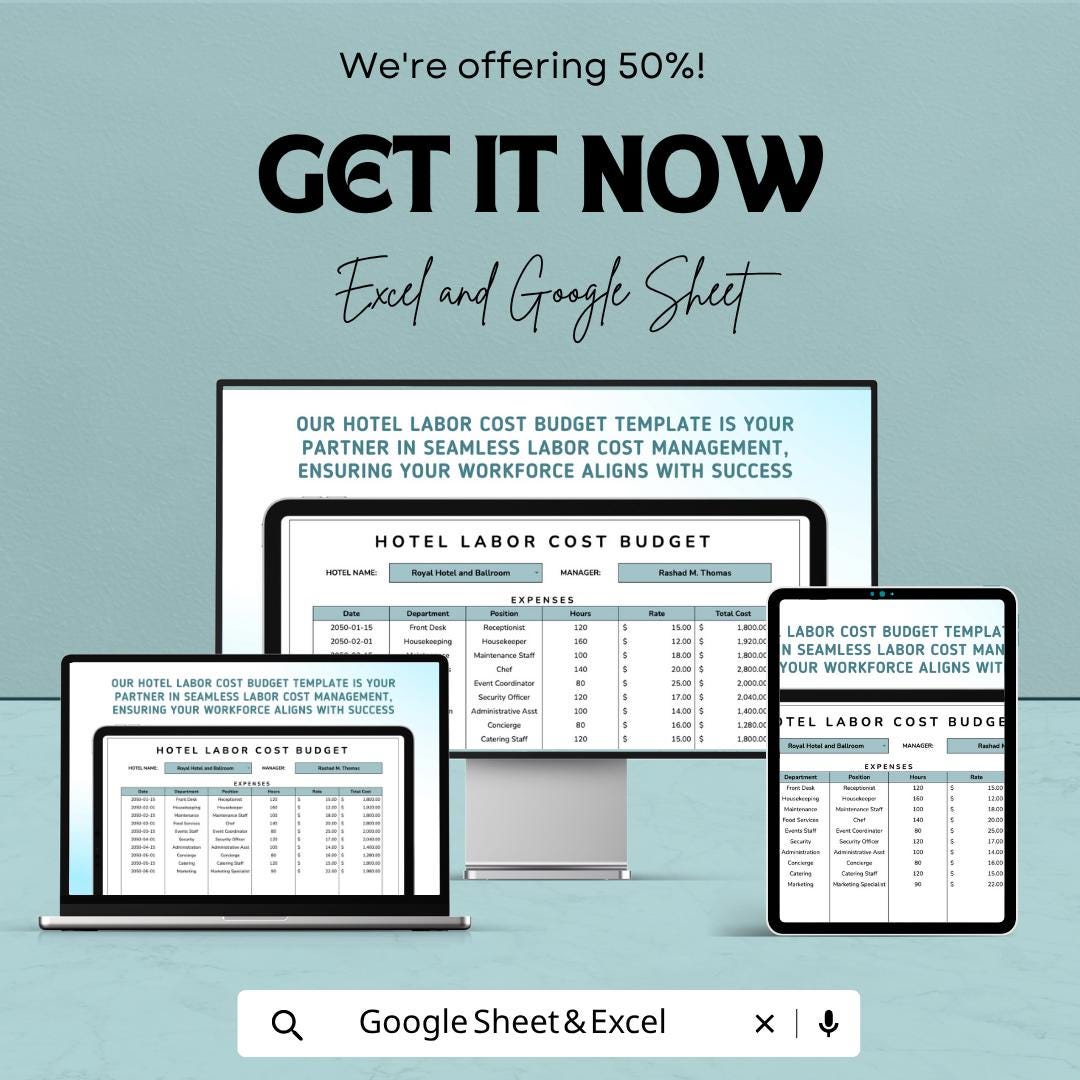 Hotel Labor Cost Budget Template | Payroll Budget Spreadsheet | Staff Cost Tracker | Excel & Google Sheets | Employee Expense Planner