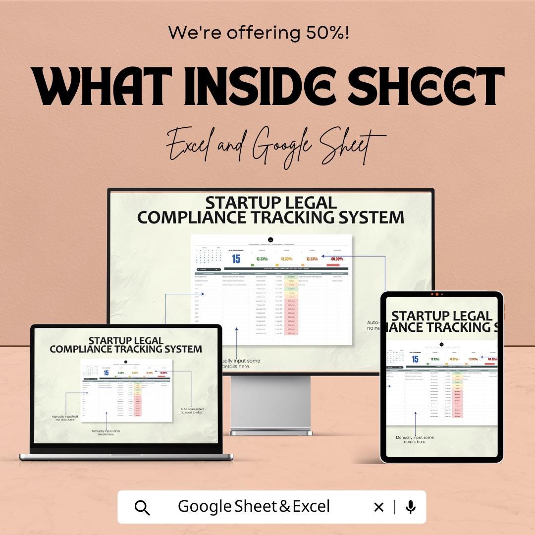 Startup Legal Compliance Tracking System Template | Excel & Google Sheets Compliance Tracker | Business Legal Spreadsheet