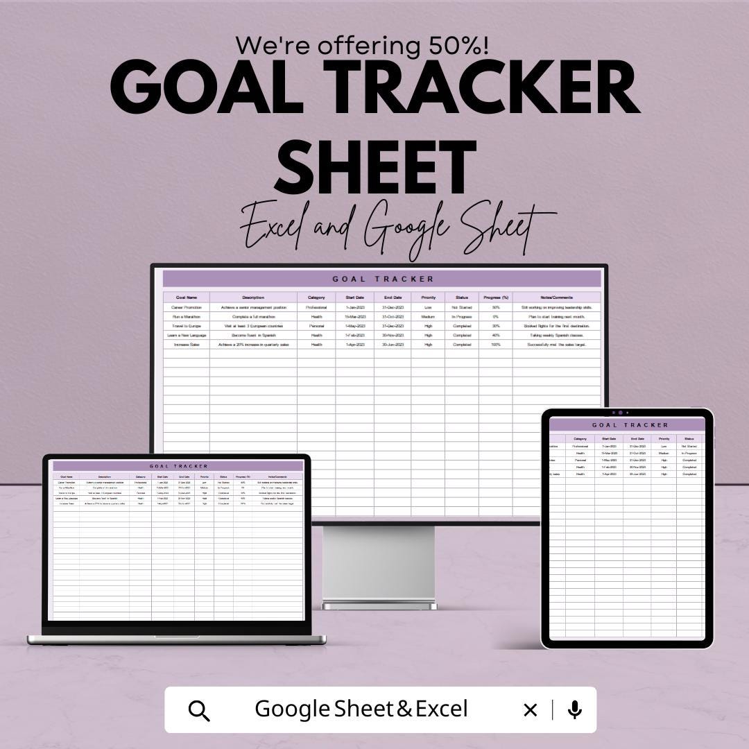 Goal Tracker Template - Excel and Google Sheets for Business Planning, Track Goals, Priorities & Status, Instant Download, Achieve Success