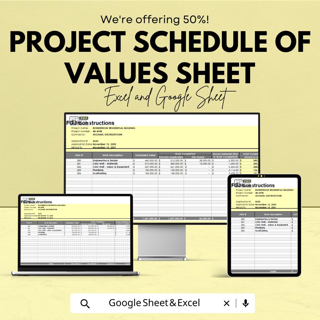 Project Schedule of Values Sheet | Excel & Google Sheets Template | Construction Project Cost Tracking