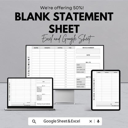 Blank Statement Sheet Template | Excel and Google Sheets | Invoice & Billing Tracker | Business Finance Log | Digital Download