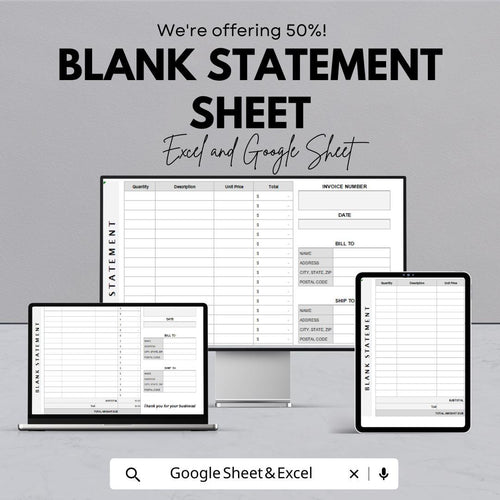 Blank Statement Sheet Template | Excel and Google Sheets | Invoice & Billing Tracker | Business Finance Log | Digital Download