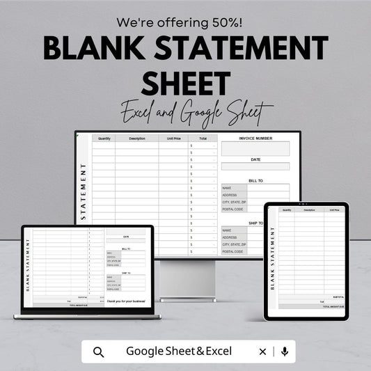Blank Statement Sheet Template | Excel and Google Sheets | Invoice & Billing Tracker | Business Finance Log | Digital Download