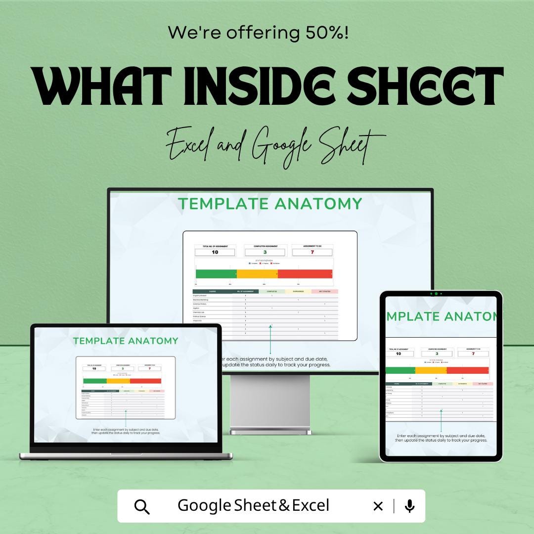 Homework Assignment Template | Student Assignment Tracker | Homework Planner Spreadsheet | Excel & Google Sheets | Study Organizer Sheet