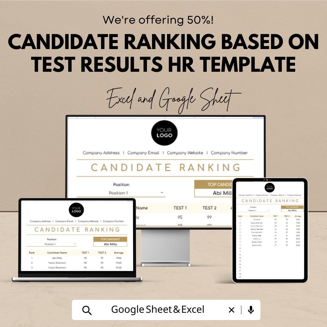 Candidate Ranking HR Template  | Test Results Ranking Spreadsheet | Hiring Evaluation Tracker | Recruitment Candidate Scorecard